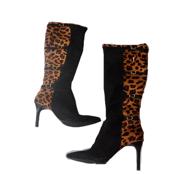 Lauren Ralph Lauren Leopard Print Boots Black Buckle KneeHigh Size 7.5 Calf Hair - Picture 7 of 7